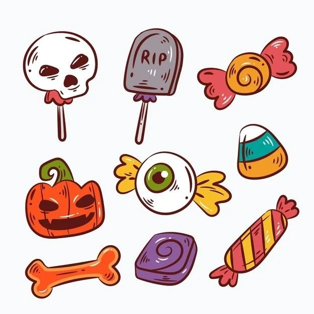 Hand drawn collection of Halloween candy vector graphics