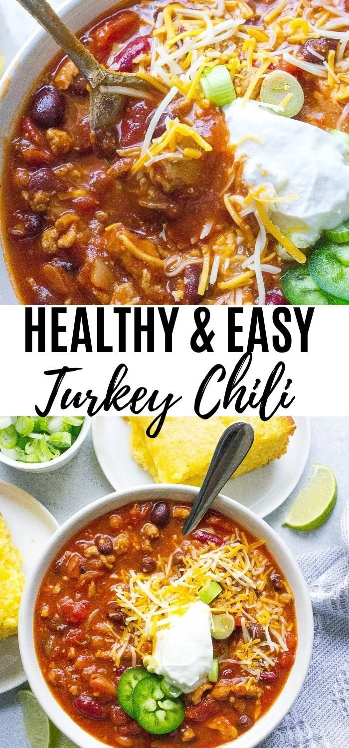 Bowl of healthy and easy turkey chili with fresh ingredients