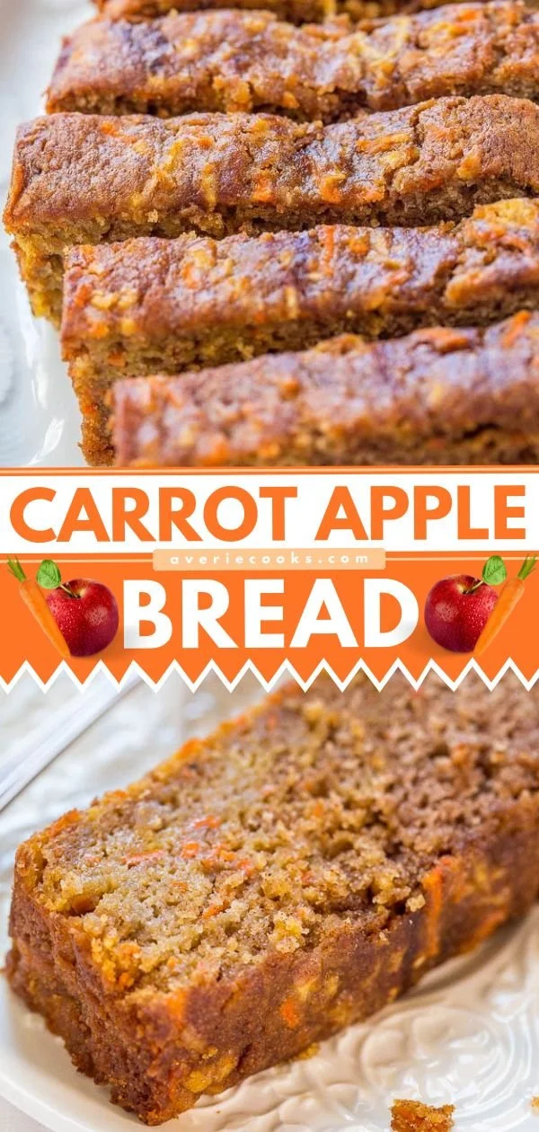 Slice of healthy carrot apple bread topped with nuts and seeds