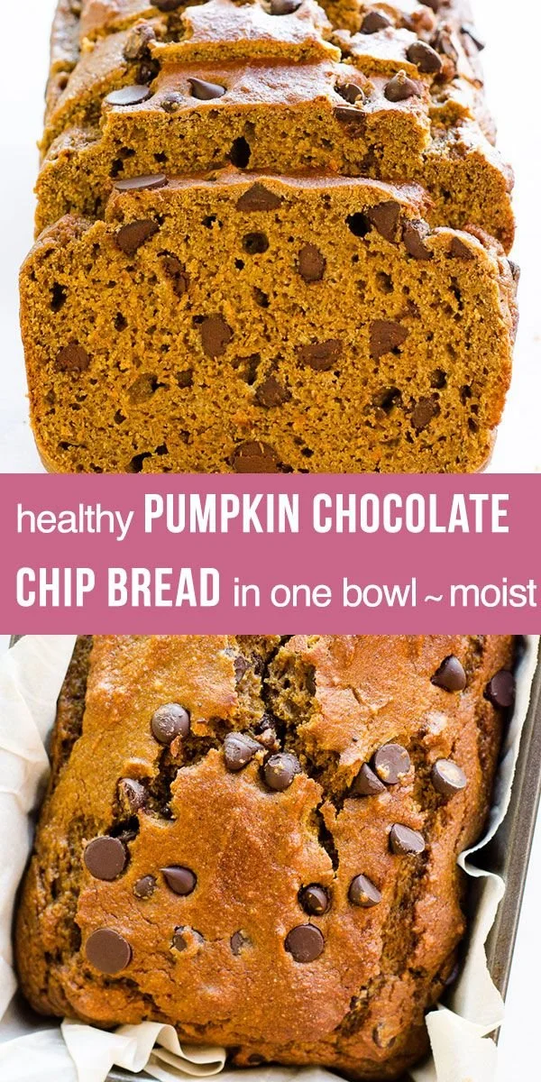 Healthy slice of pumpkin chocolate chip bread topped with chocolate chips
