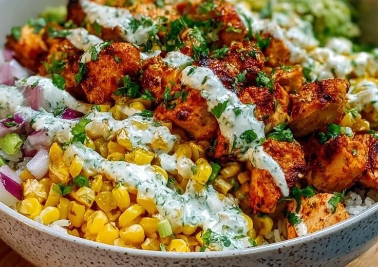Healthy Street Corn Chicken Bowl with high protein chicken breast for nutritious meals
