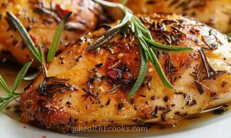 Plate of heart-healthy rosemary chicken Dijon garnished with herbs and served with vegetables.