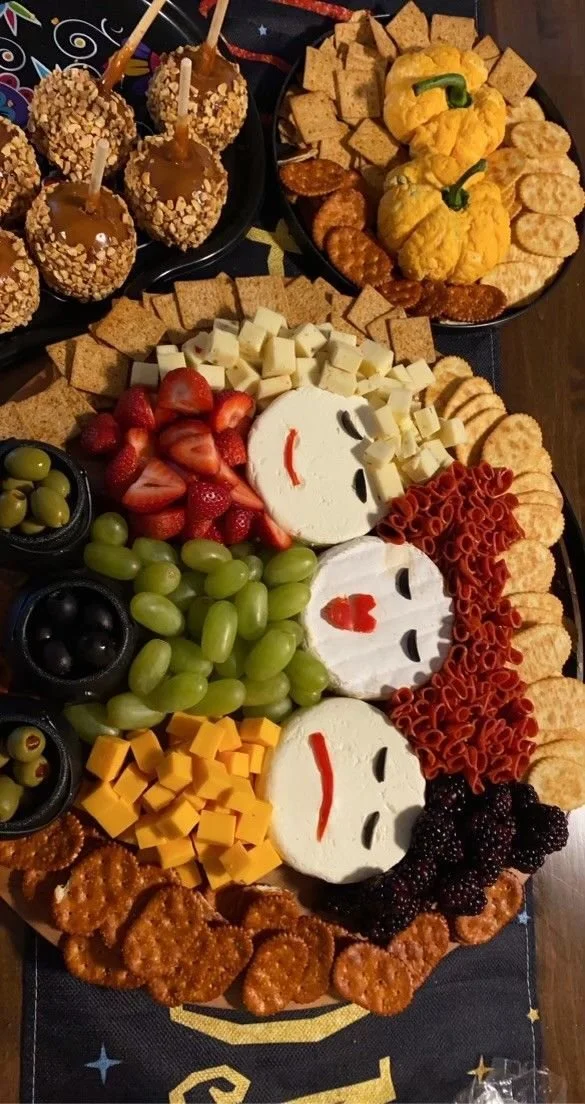 Hocus Pocus themed charcuterie board with Halloween-inspired snacks