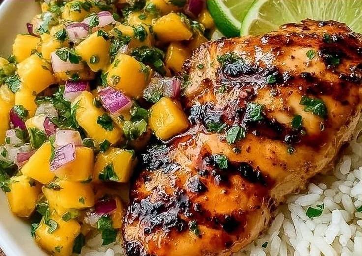 Delicious Honey Lime Chicken served with vibrant Mango Salsa on a plate