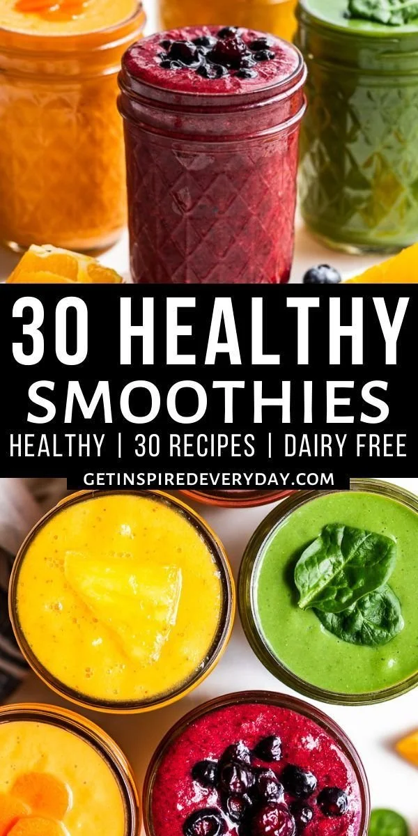 A colorful selection of smoothies in various glasses on a wooden table.