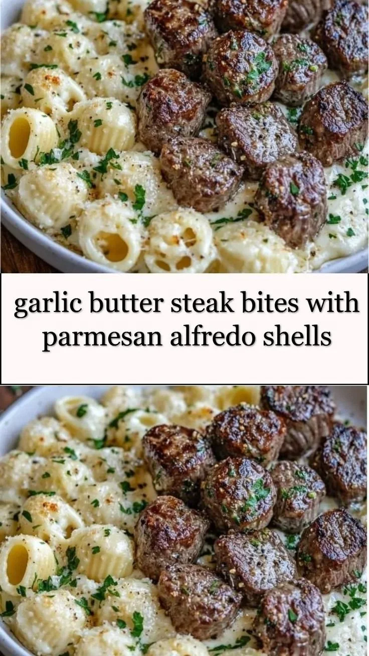 Garlic butter steak bites over creamy Alfredo pasta shells