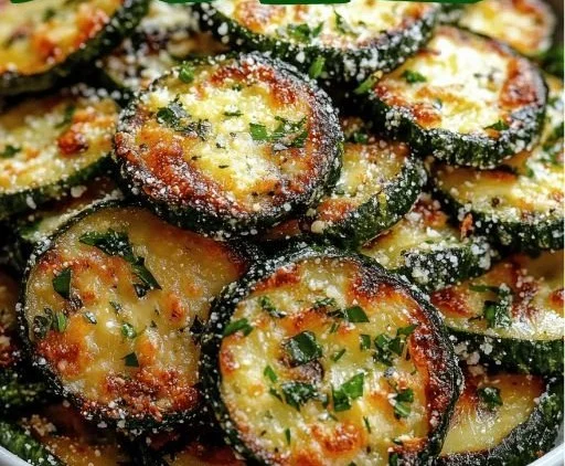 Crunchy garlic parmesan roasted zucchini dish garnished with herbs