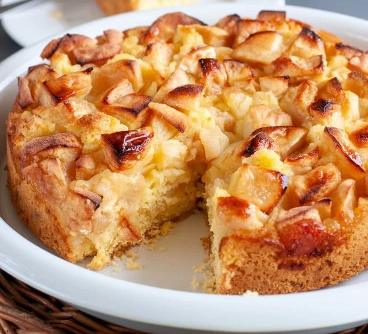 Delicious slice of Italian Apple Cake with fresh apple chunks and a dusting of powdered sugar.