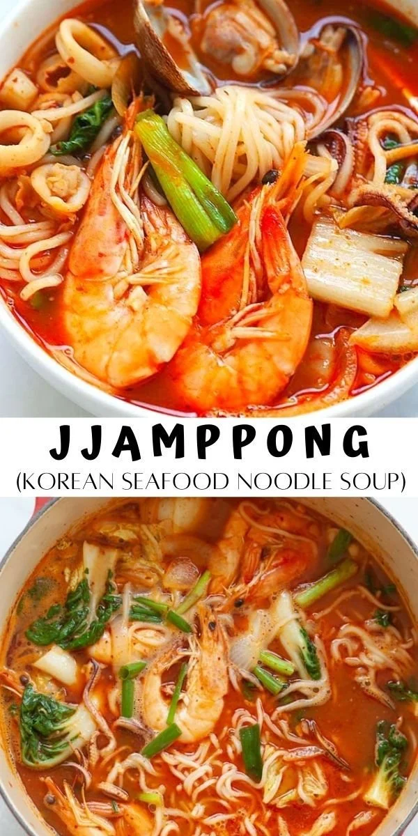 A bowl of jjampong, traditional Korean seafood noodle soup with colorful vegetables.