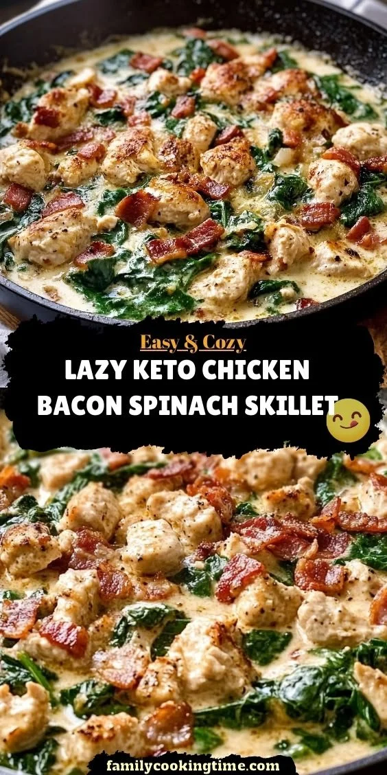 Lazy Keto Chicken Bacon Spinach Skillet dish with spinach and bacon