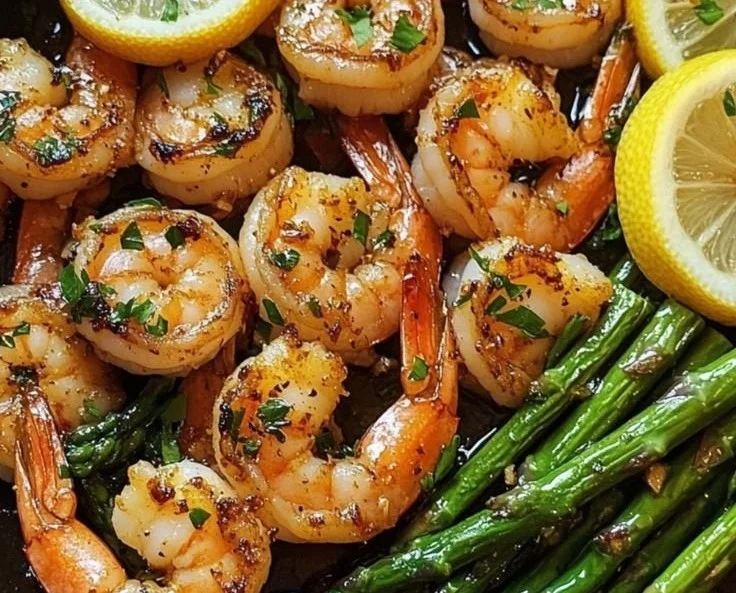 Plate of lemon garlic shrimp served with fresh asparagus