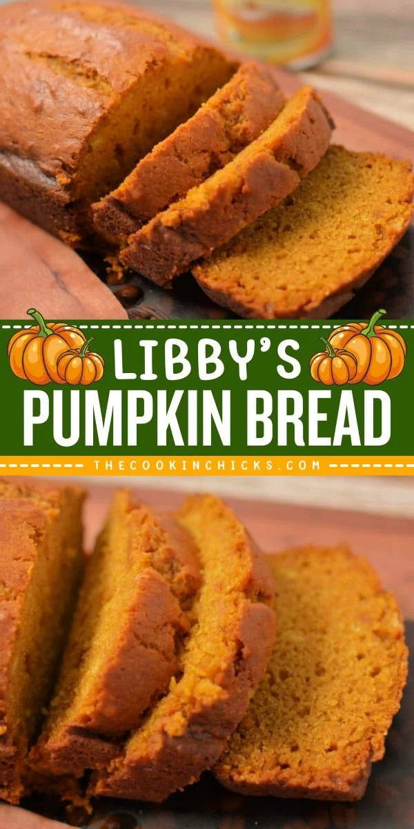 A freshly baked loaf of Libby's pumpkin bread on a wooden table.