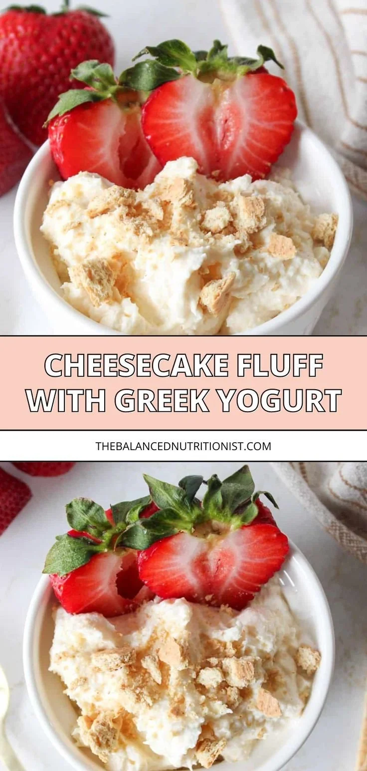 A bowl of light and healthy cheesecake fluff topped with berries.