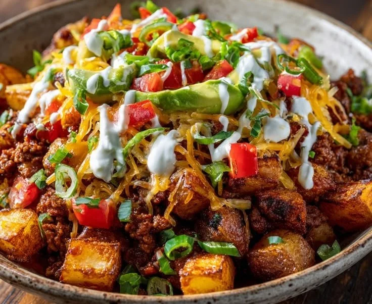 Deliciously loaded potato taco bowl with toppings on a plate