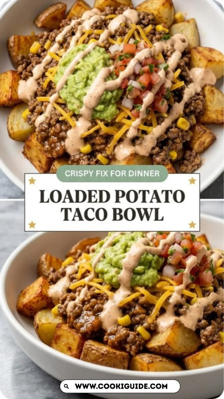 Delicious loaded potato taco bowl filled with toppings for easy dinners.