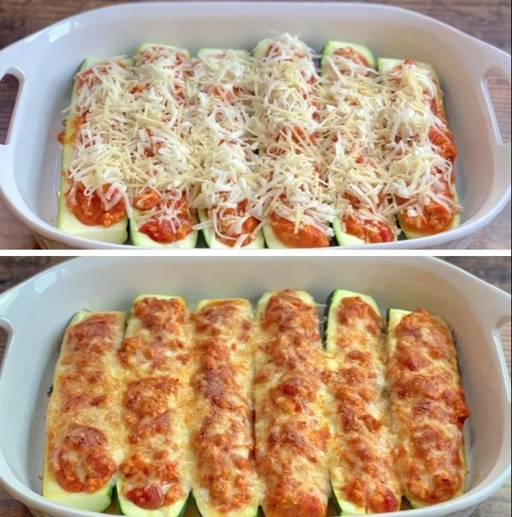 Low Carb Chicken Parmesan Zucchini Boats with melted cheese and fresh basil