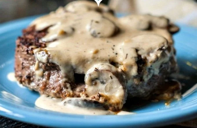 Delicious low carb keto burgers served with creamy mushroom sauce