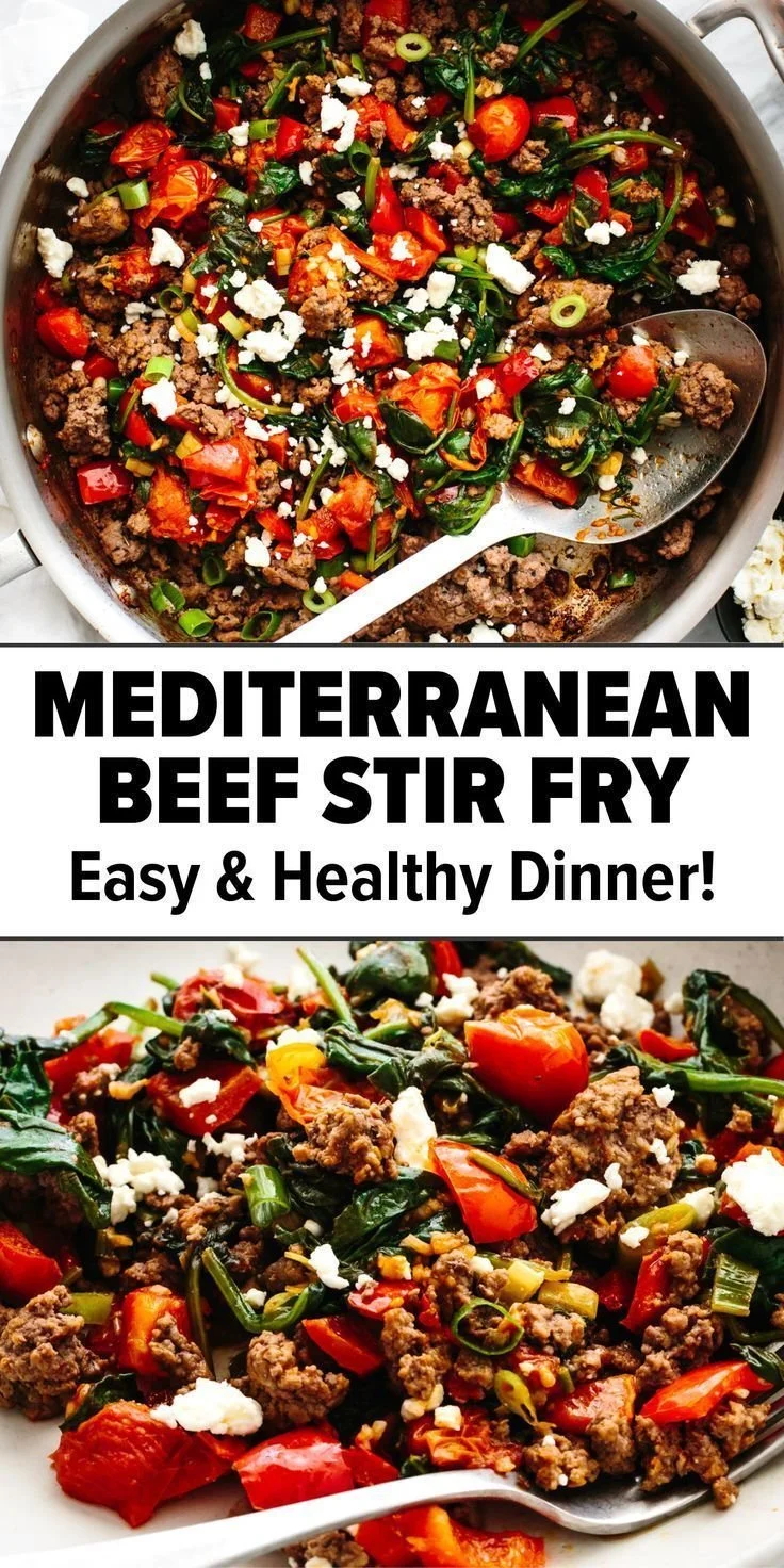 Mediterranean ground beef stir fry with colorful vegetables and herbs