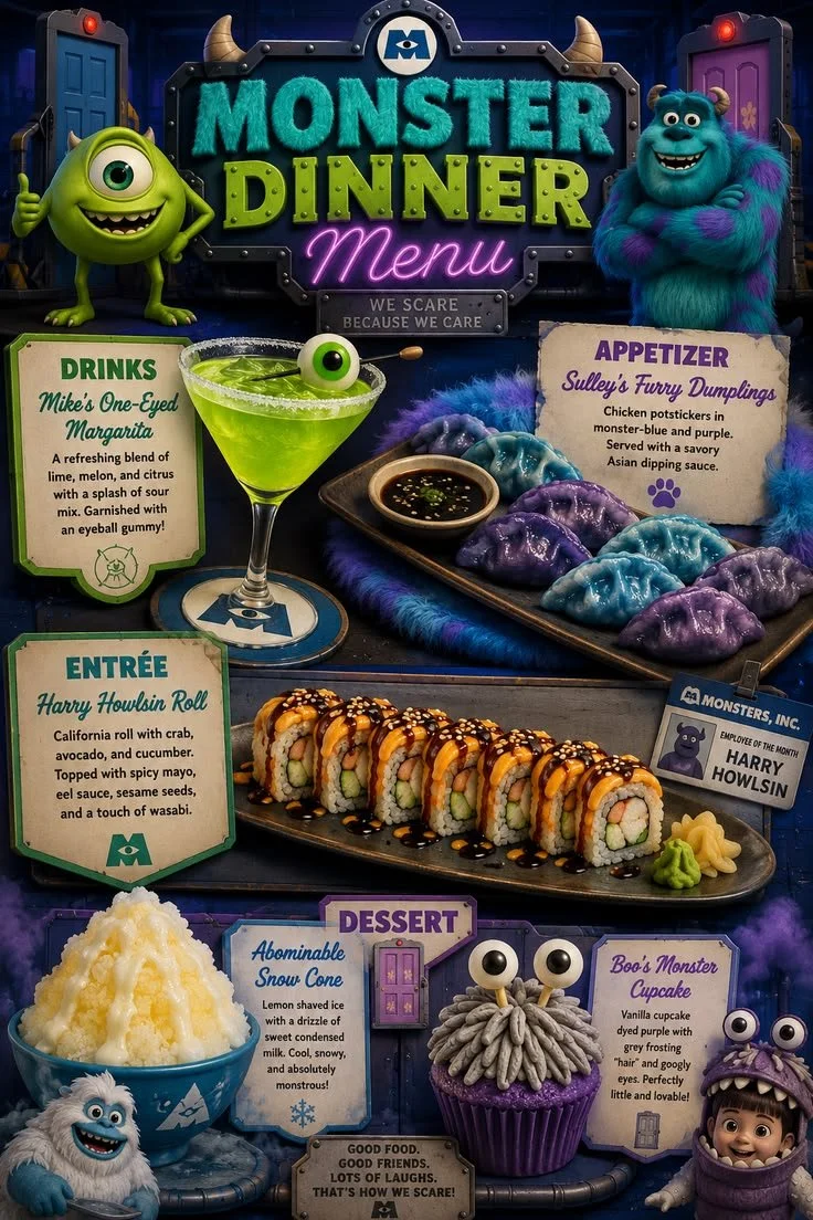 Colorful Monsters Inc themed food ideas for birthday parties and movie nights.