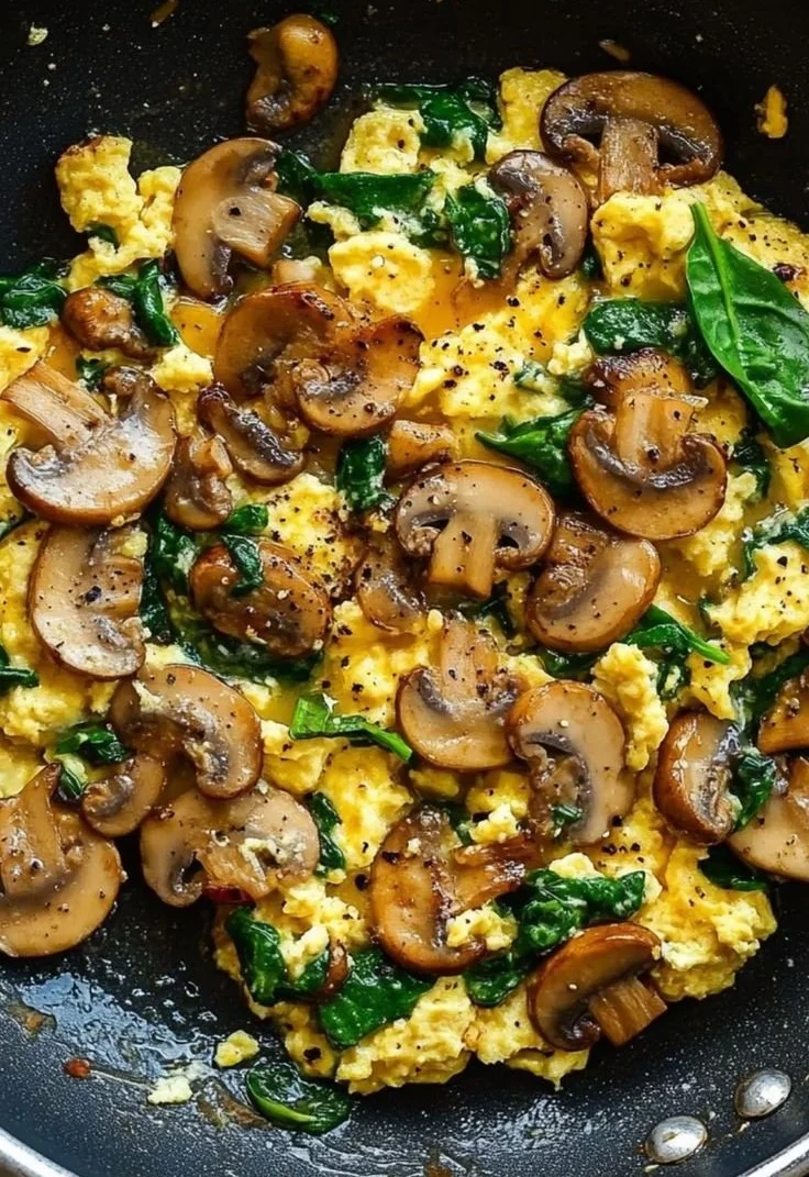 Mushroom spinach scrambled eggs served in a bowl for breakfast or brunch