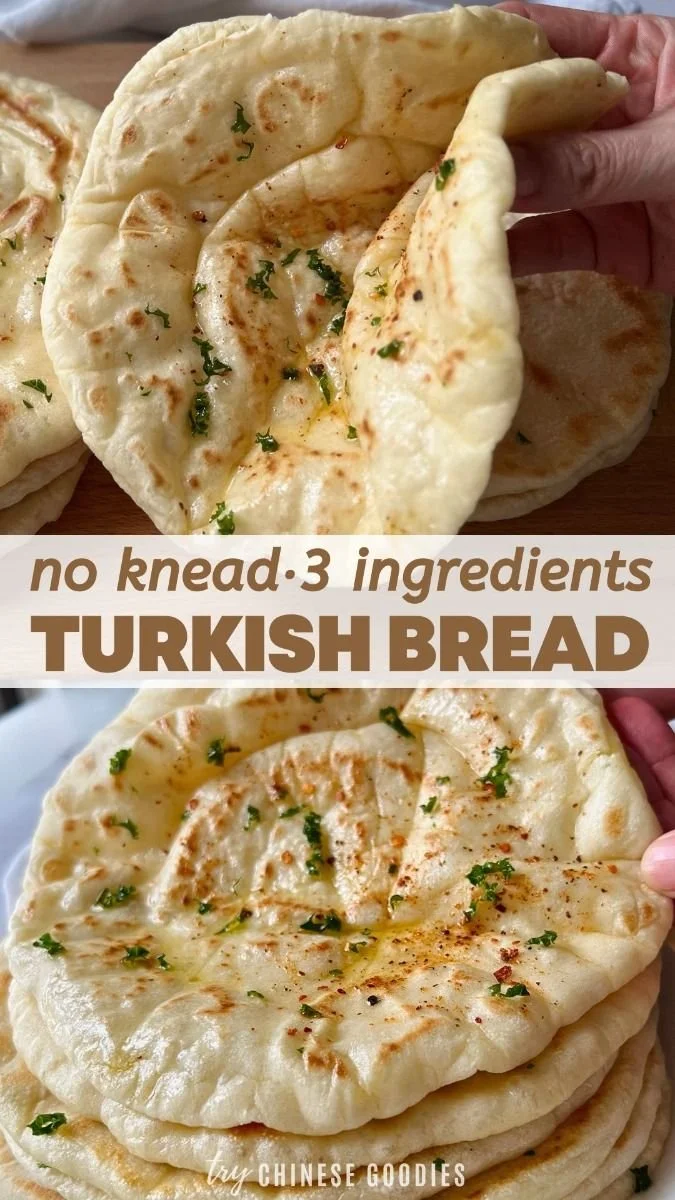 No-knead Turkish bread (Bazlama) made with 3 ingredients, cooked without an oven.