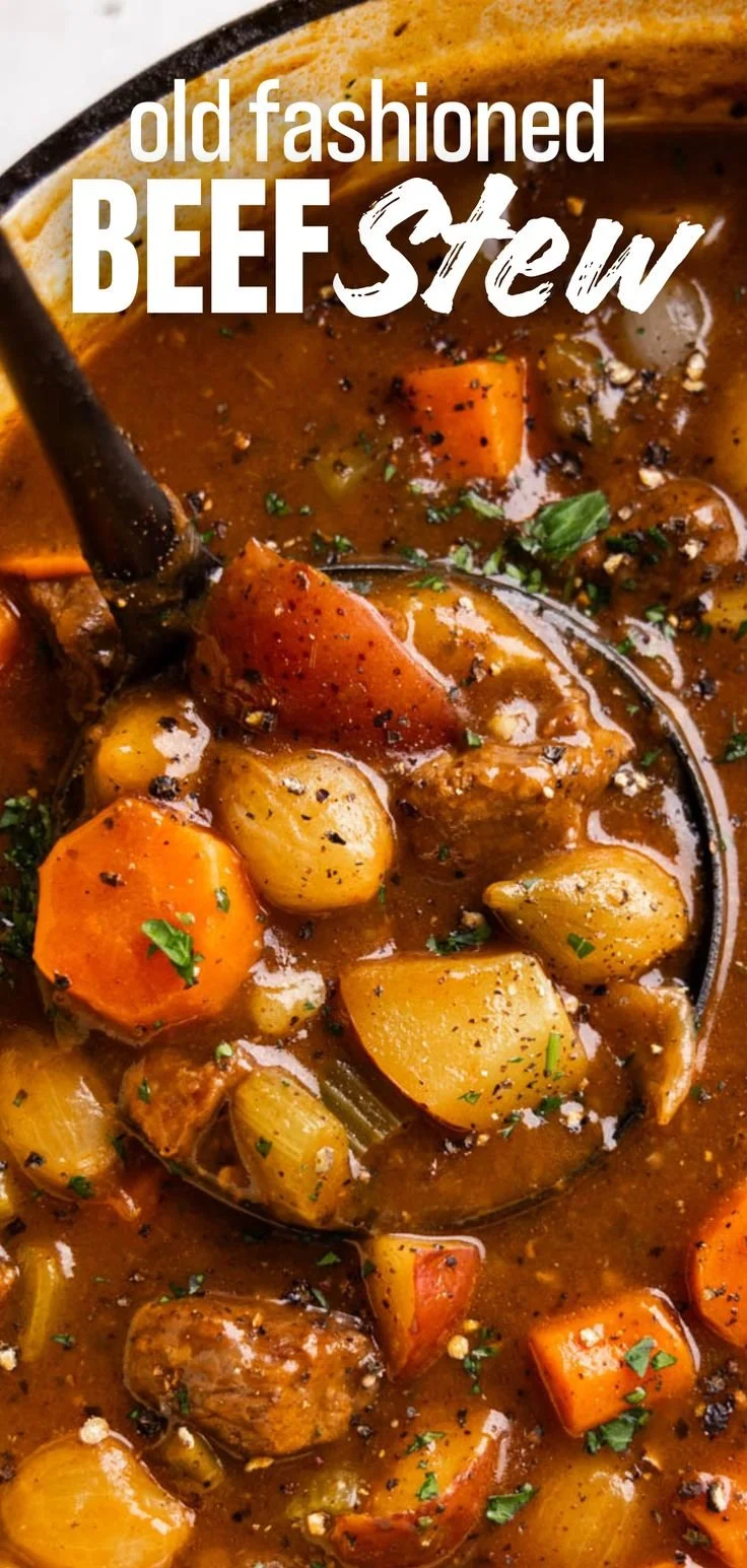 A bowl of old-fashioned beef stew with tender meat and vegetables