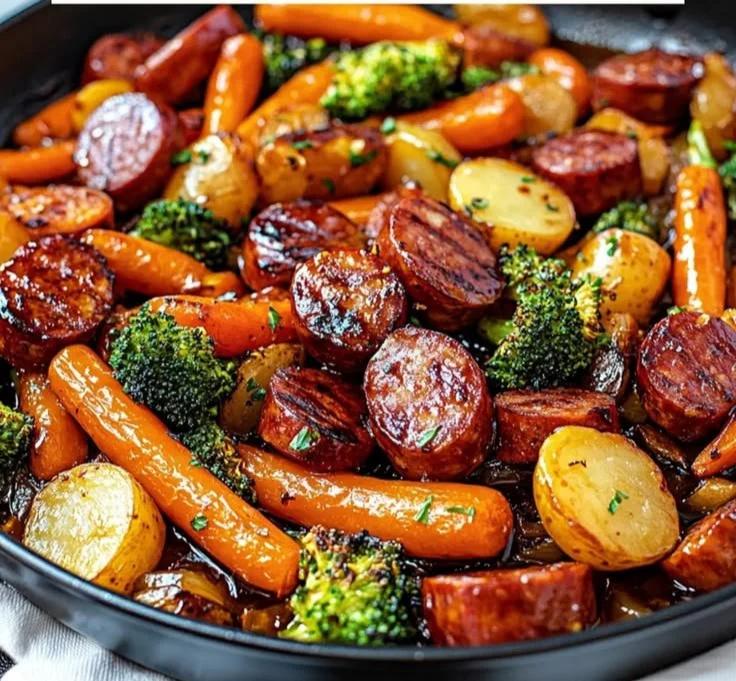 One-Pan Honey Garlic Kielbasa with vegetables on a dinner plate