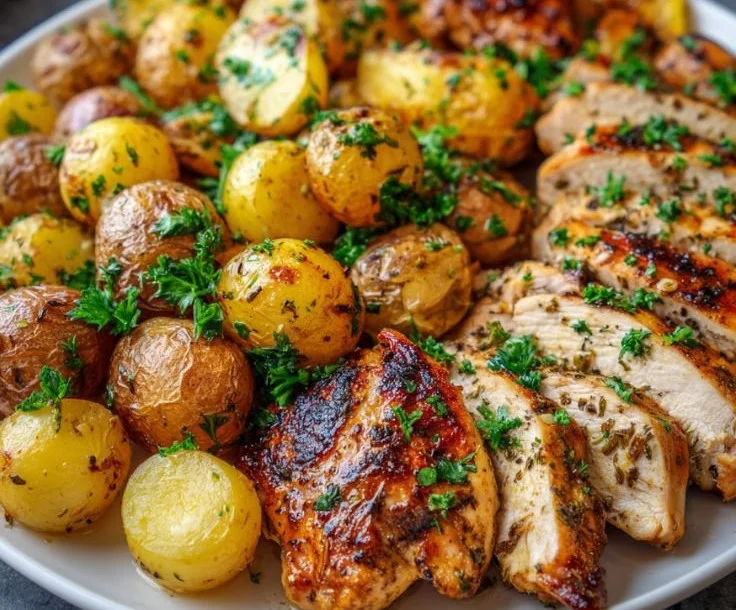 One-Pan Lemon Balsamic Chicken with Potatoes on a dinner table