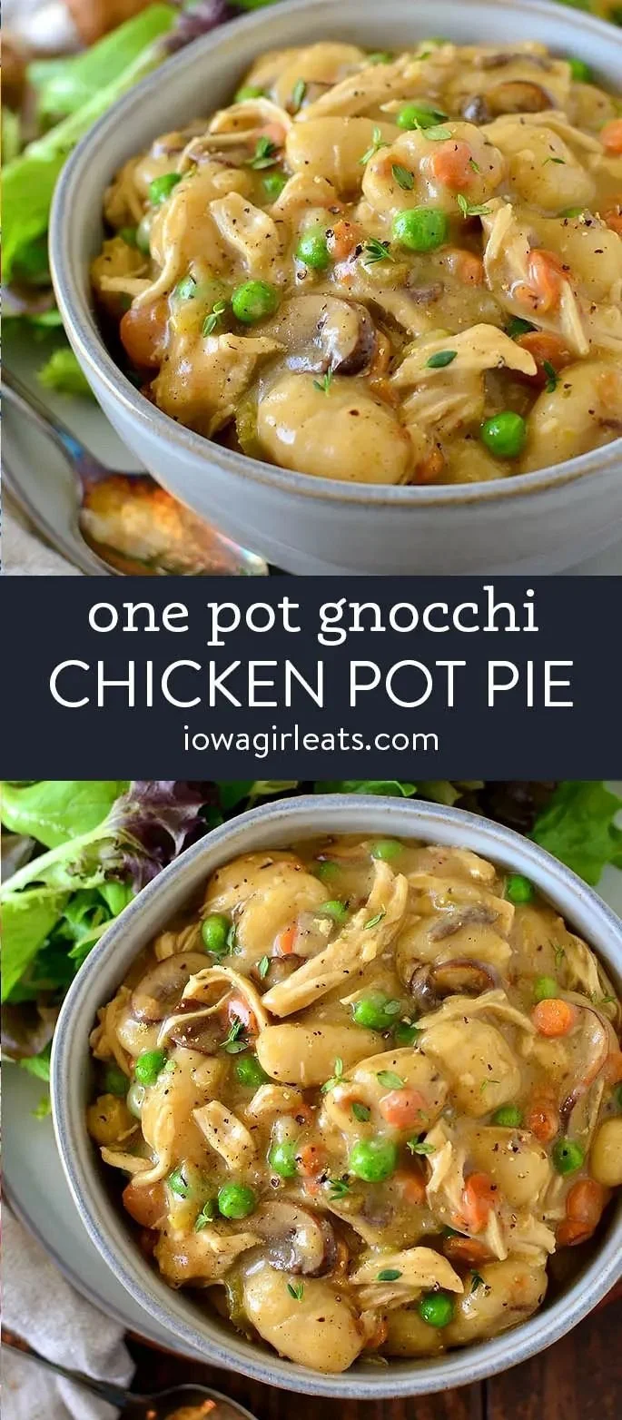 Delicious one pot gnocchi chicken pot pie served in a rustic dish.