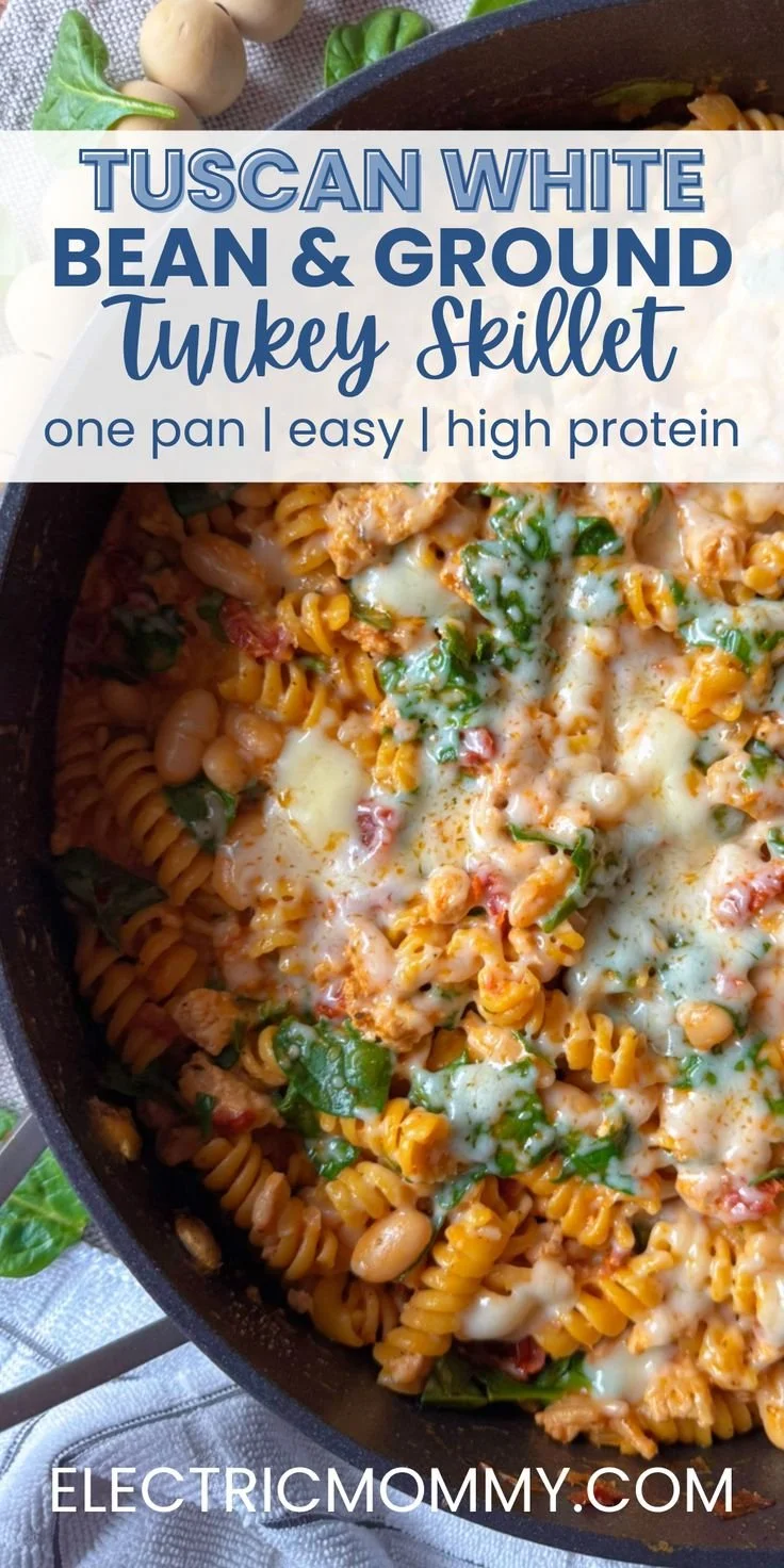 One Pot Tuscan White Bean & Ground Turkey Skillet prepared in a skillet