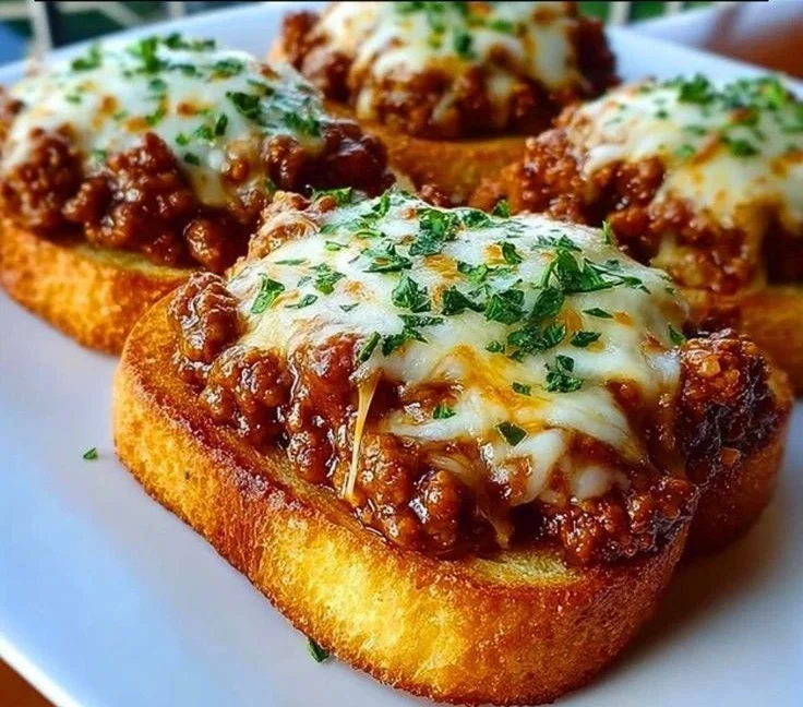 Open face garlic toast sloppy joes topped with flavorful ground beef and cheese