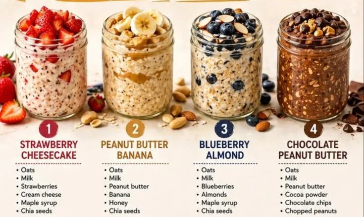 A bowl of delicious overnight oats topped with fresh fruits and nuts for breakfast.