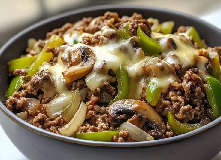 High protein, low carb Philly Cheesesteak Bowl served in a dish