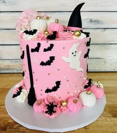 Pink Halloween Cake decorated for spooky festivities