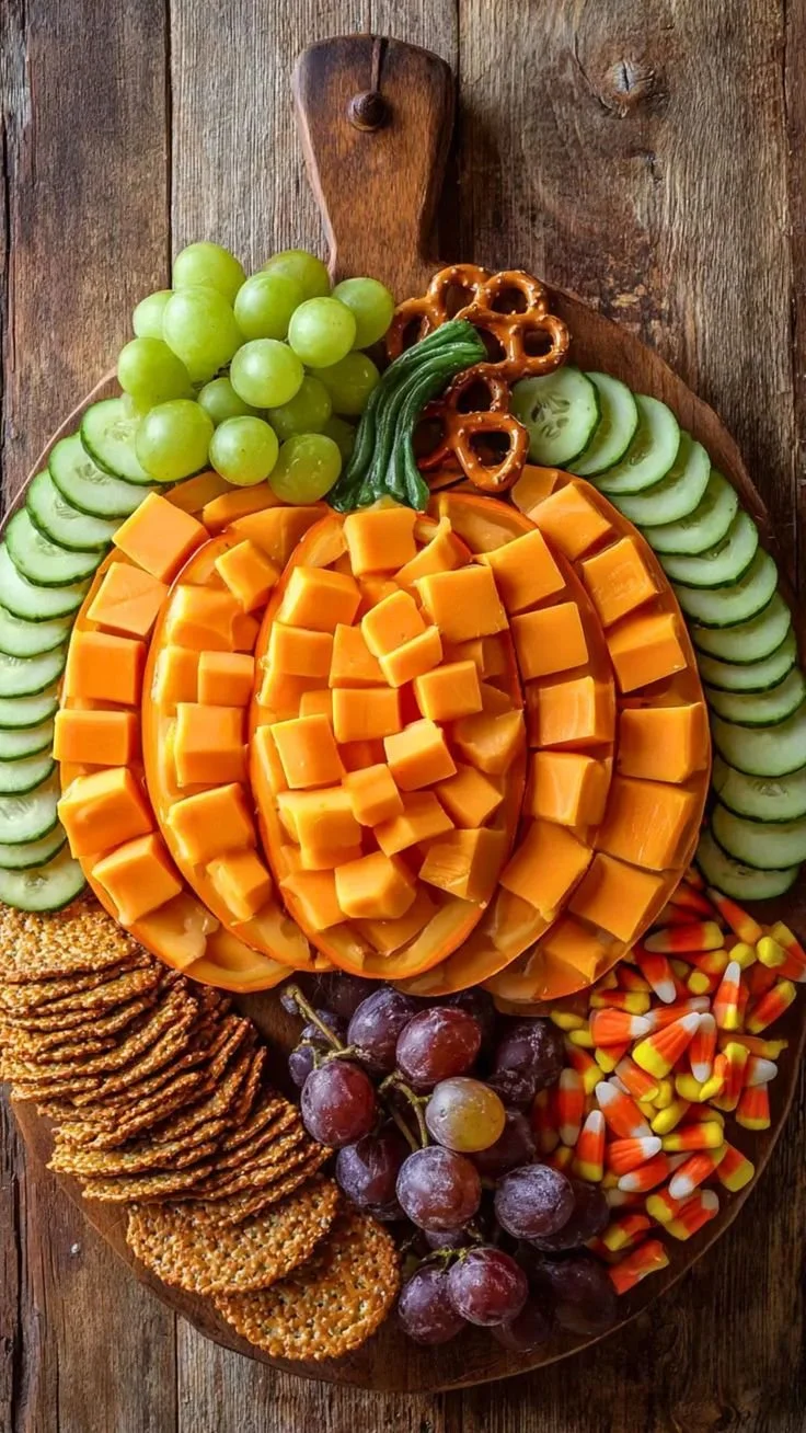 Pumpkin Charcuterie Board with seasonal treats for parties and gatherings