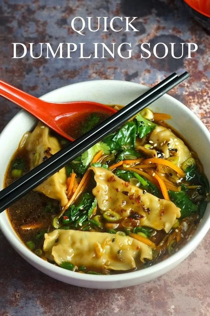Bowl of quick dumpling soup with fresh herbs and dumplings