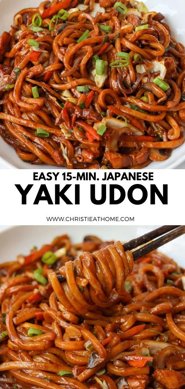 Quick and easy Yaki Udon Noodles served in a bowl with vegetables