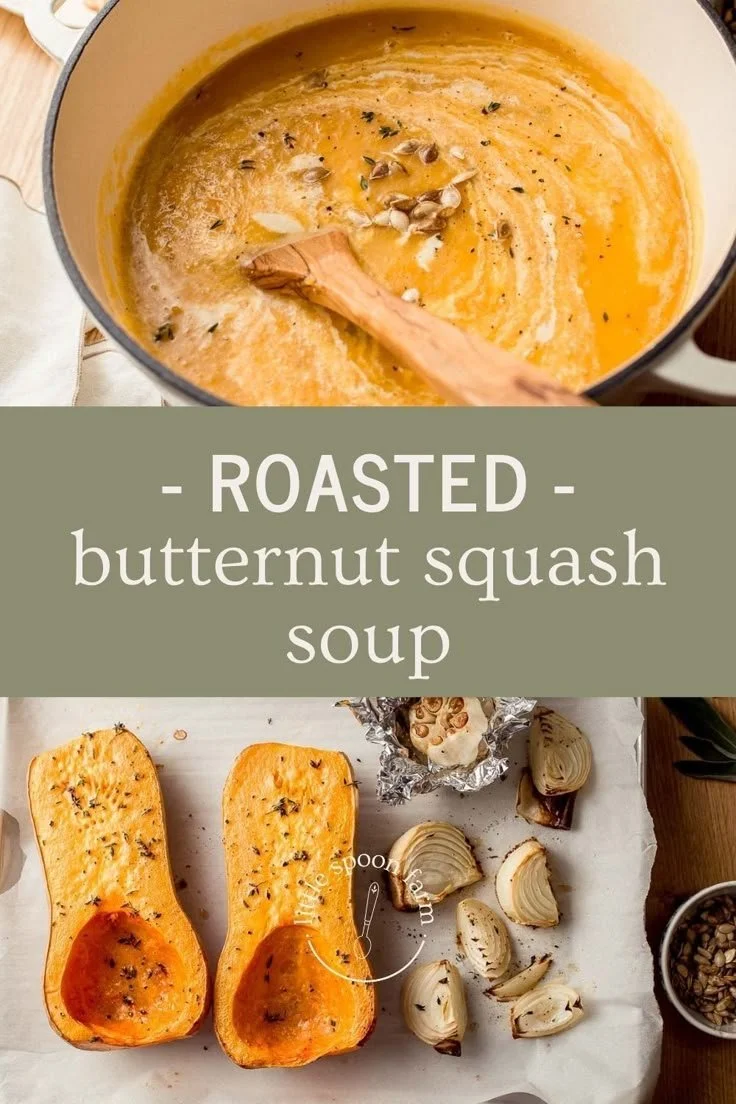 Delicious bowl of roasted butternut squash soup garnished with herbs