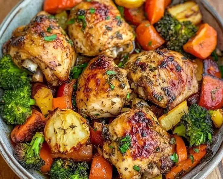 Plate of roasted garlic chicken served with fresh vegetables