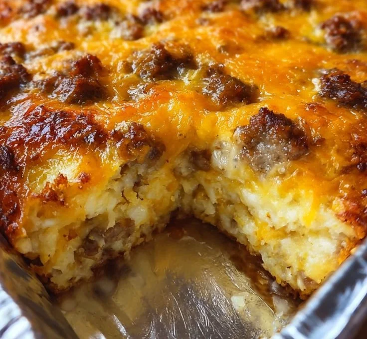Sausage, Egg, and Cream Cheese Hashbrown Casserole served on a plate
