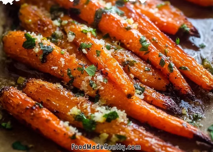 Savory Parmesan garlic roasted carrots garnished with herbs on a plate