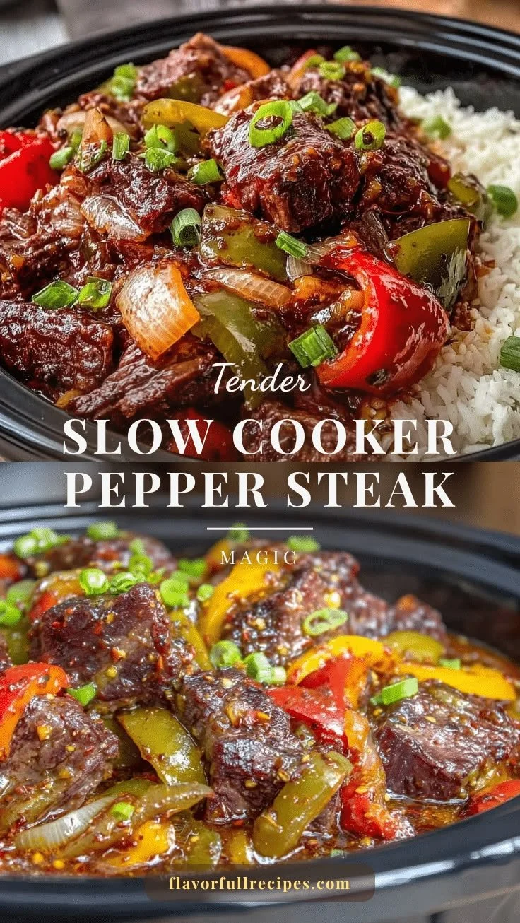 Savory slow cooker pepper steak served with rice and vegetables