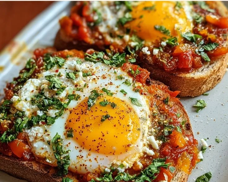 Delicious Shakshouka Toast topped with eggs and spices for breakfast