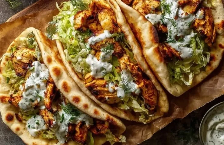 Delicious sheet pan chicken pitas with herby ranch served on a plate