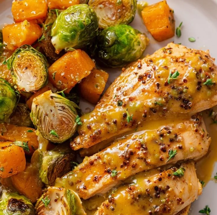 Sheet pan honey dijon chicken with colorful vegetables cooked together