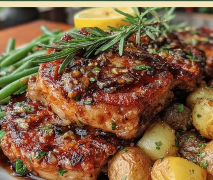 Sheet pan lemon garlic pork chops ready to serve for a family dinner