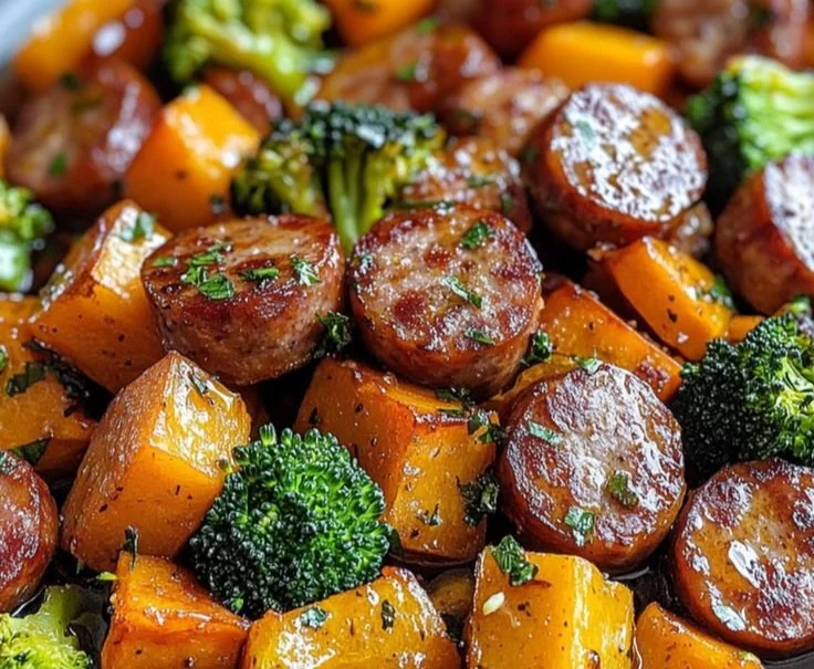 Sheet pan sausage and sweet potatoes with honey garlic sauce