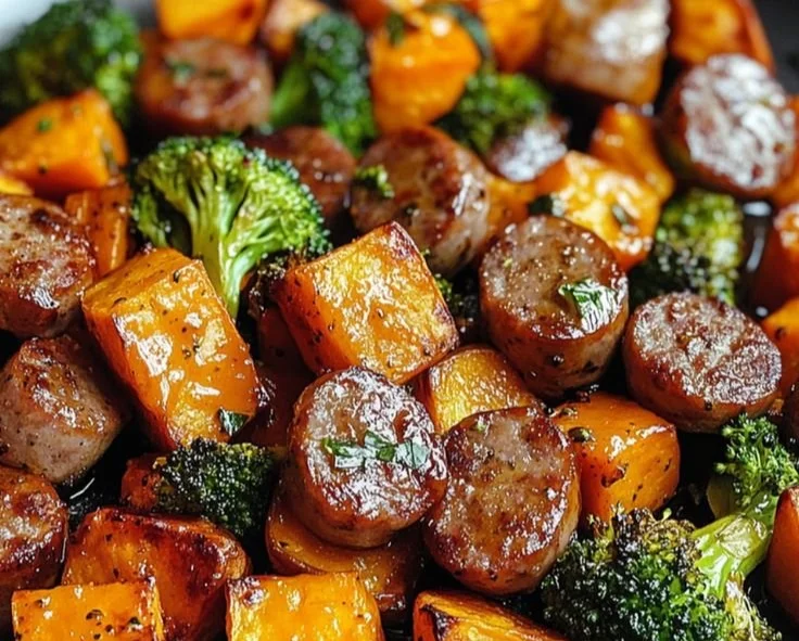Sheet Pan Sausage and Sweet Potatoes with Honey Garlic Sauce