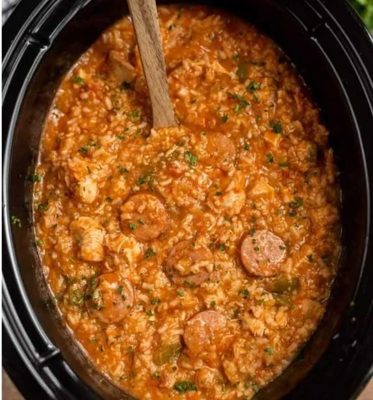 Slow Cooker Chicken Jambalaya in a bowl with vegetables and spices