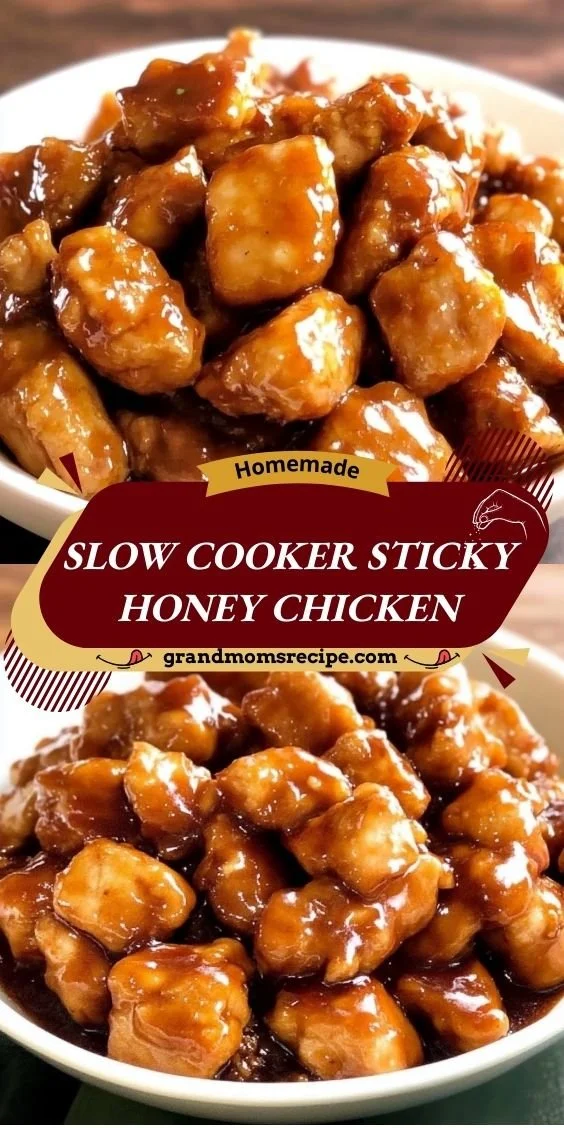 Delicious Slow Cooker Sticky Honey Chicken served on a plate with garnish.